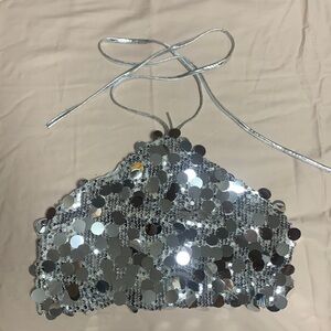 Cider Silver Paillette Sequin Halter Crop Top